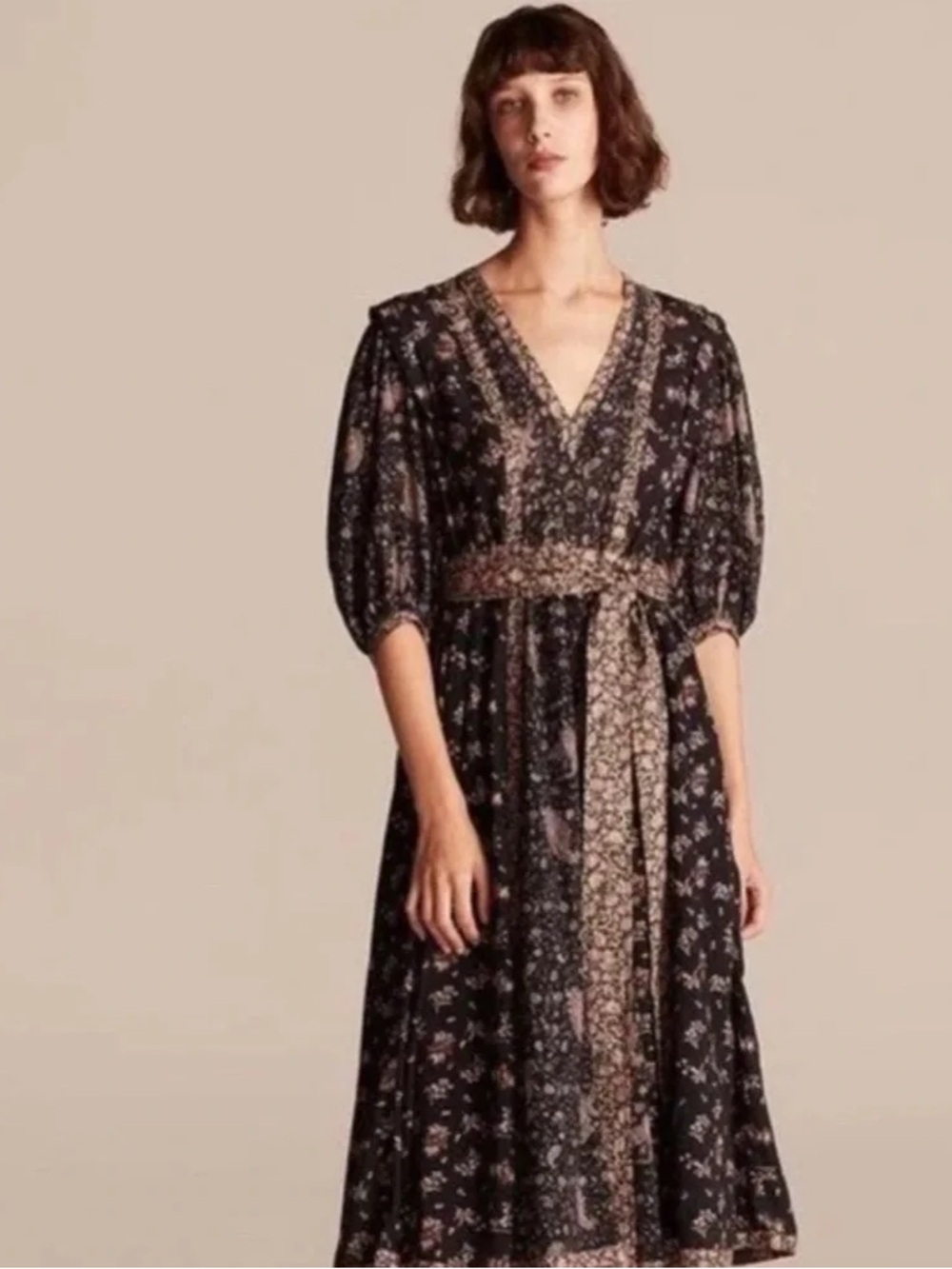 NWT Rebecca Taylor S Boho Floral Peasant Fall Tie Waist Flowy Midi Dress Preppy